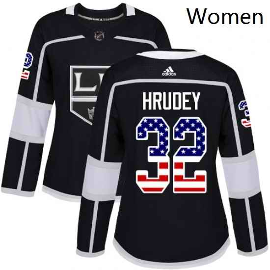 Womens Adidas Los Angeles Kings 32 Kelly Hrudey Authentic Black USA Flag Fashion NHL Jersey